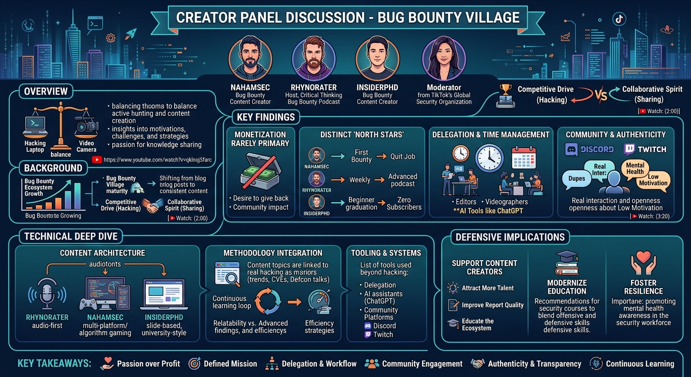 Visual summary for Creator Panel Discussion by Nahamsec, Rhynorater, InsiderPHD