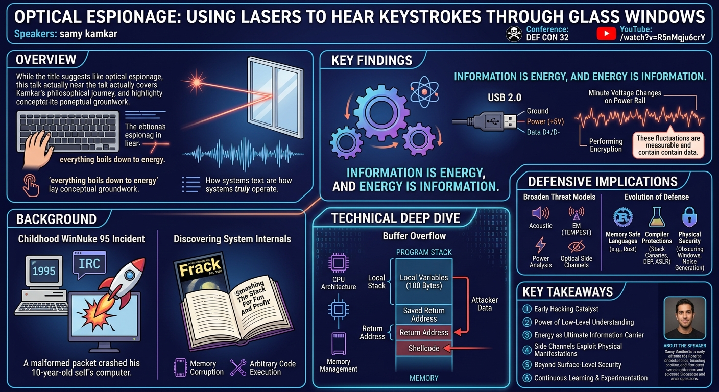 Visual summary for Optical Espionage: Using Lasers to Hear Keystrokes Through Glass Windows by samy kamkar
