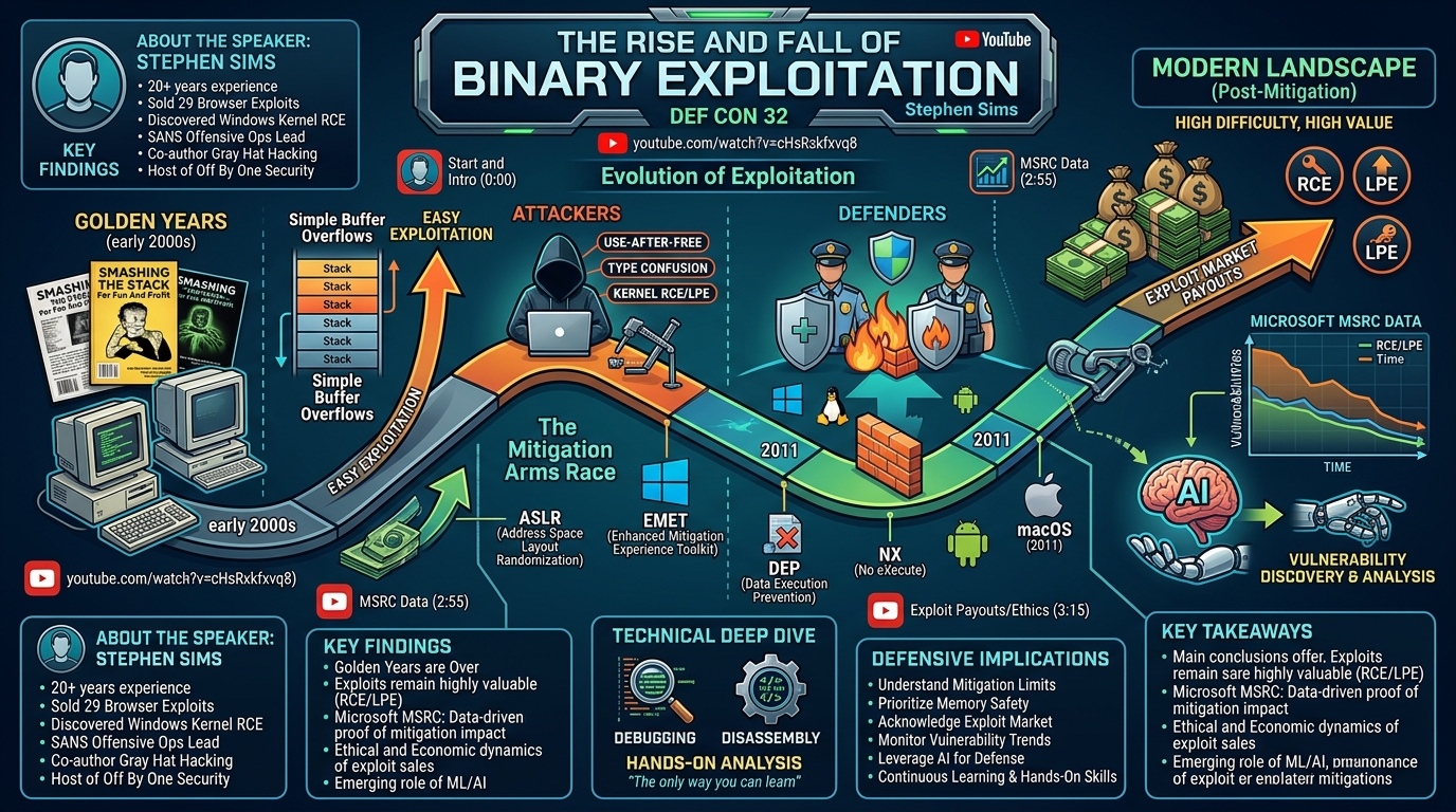 Visual summary for The Rise and Fall of Binary Exploitation by Stephen Sims