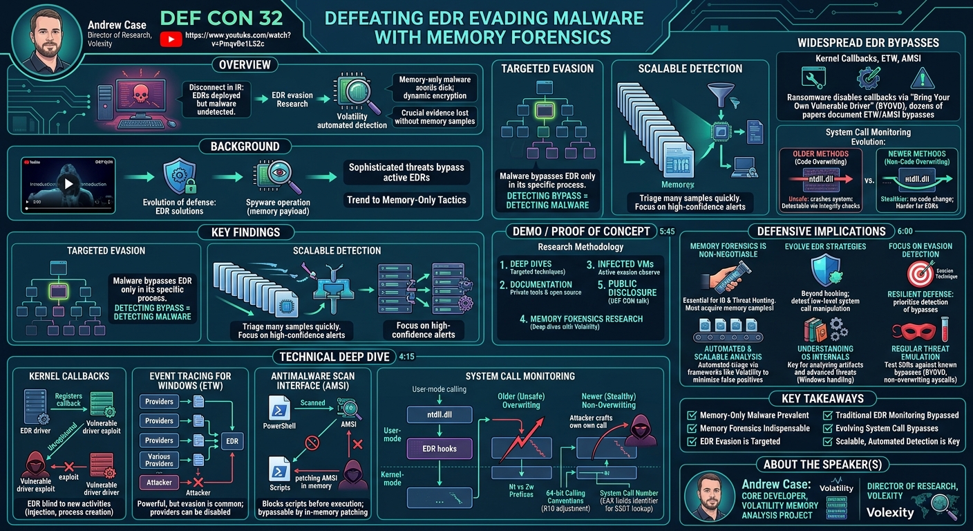 Visual summary for Defeating EDR Evading Malware with Memory Forensics by Case, Sellers, Richard