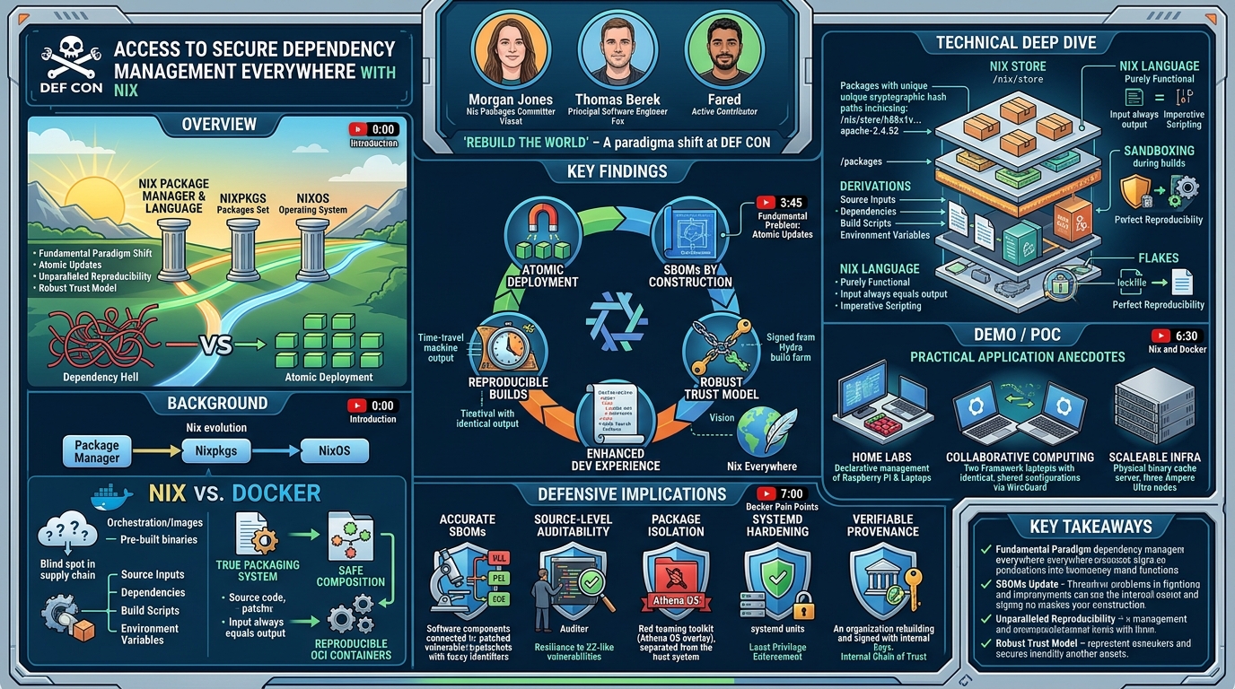Visual summary for Access to secure dependency management everywhere w Nix- T Berek, F Zakaria & D Baker by Thomas Berek, Fared, Morgan Jones
