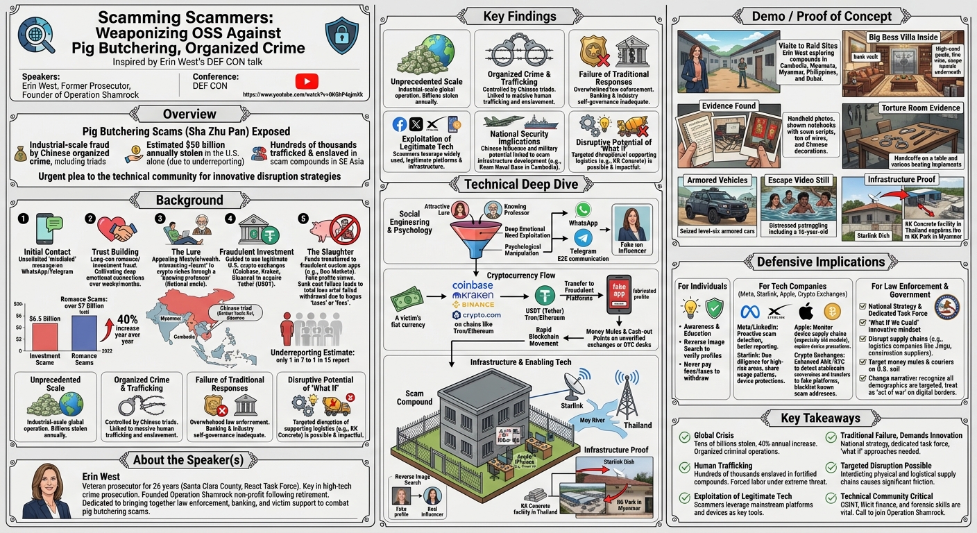 Visual summary for Scamming Scammers - Weaponizing OSS Against Pig Butchering, Organized Crime by Erin West