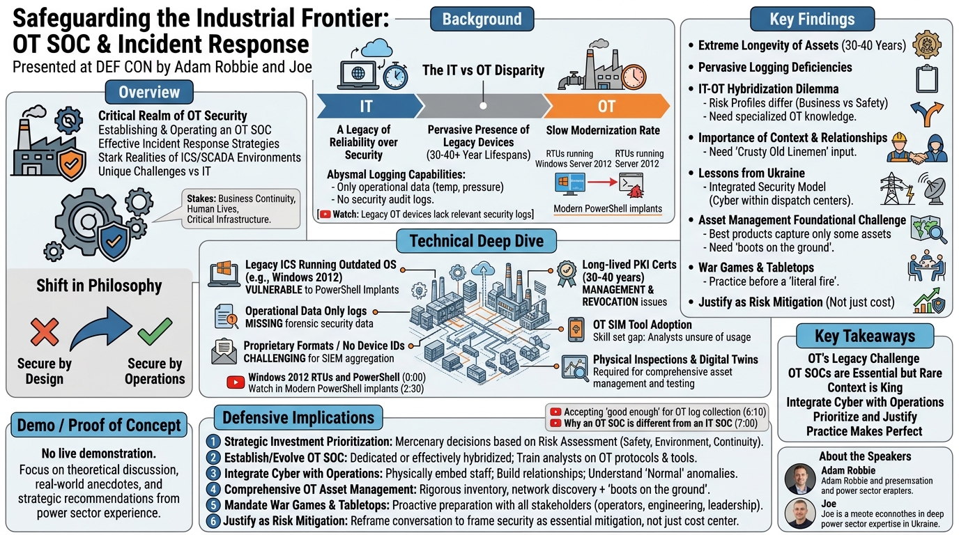 Visual summary for Safeguarding the Industrial Frontier OT SOC & Incident Response by Adam Robbie