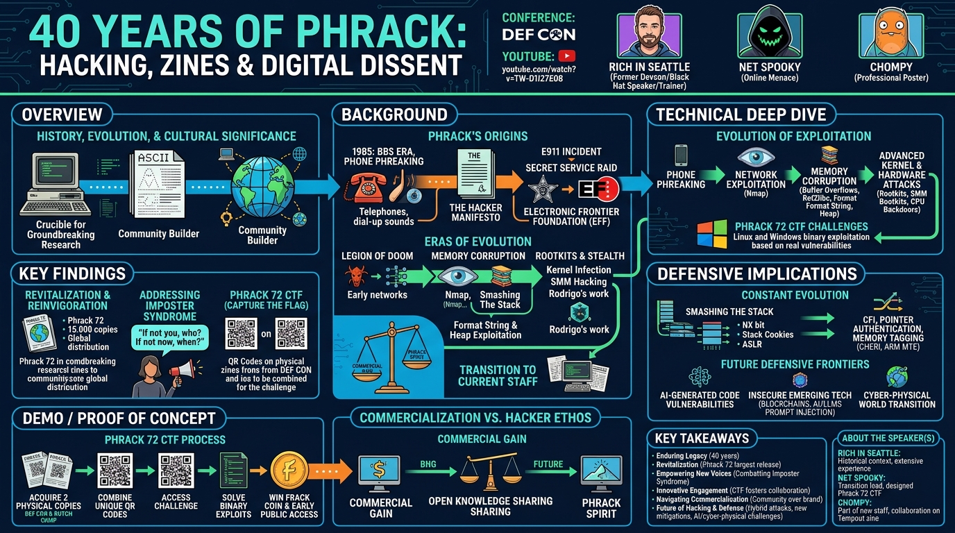 Visual summary for 40 Years Of Phrack: Hacking, Zines & Digital Dissent -richinseattle, Netspooky, Chompie by Rich in Seattle, Net Spooky, Chompy