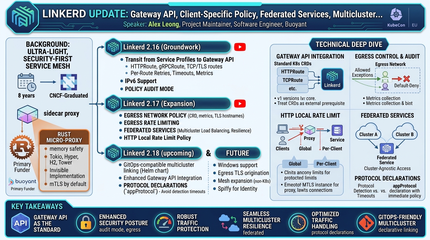 Visual summary for Linkerd Update: Gateway API, Client-Specific Policy, Federated Services, Multicluster... Alex Leong by Alex Leong