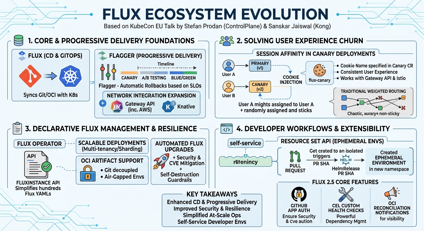 Visual summary for Flux Ecosystem Evolution - Stefan Prodan, ControlPlane & Sanskar Jaiswal, Kong by Stefan Prodan, ControlPlane, Sanskar Jaiswal, Kong