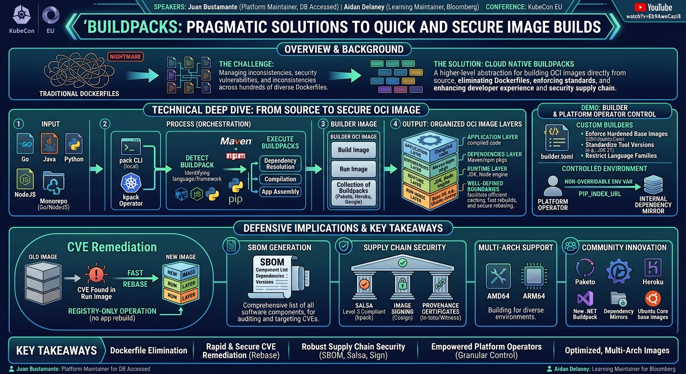 Visual summary for Buildpacks: Pragmatic Solutions To Quick and Secure Image Builds - Juan Bustamante & Aidan Delaney by Juan Bustamante, Aidan Delaney