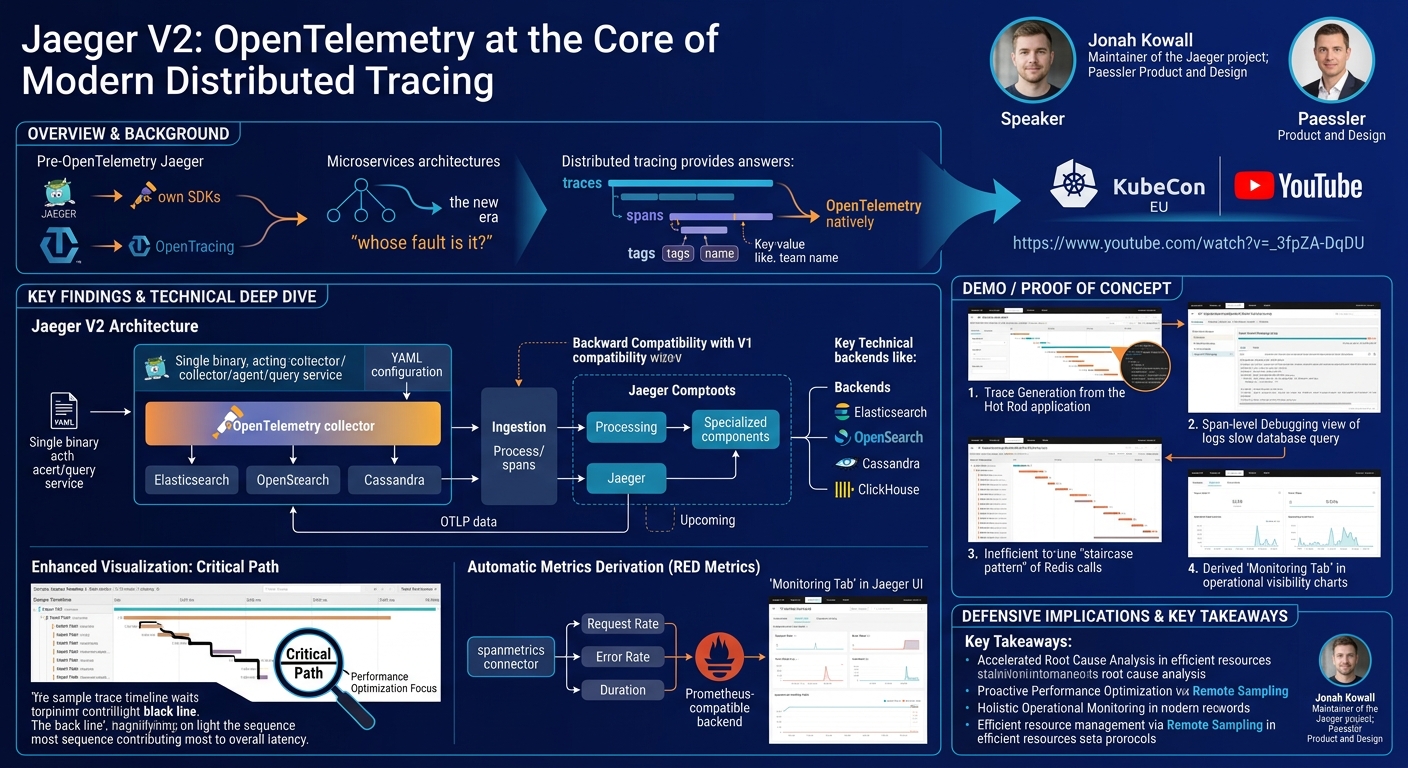 Visual summary for Jaeger V2: OpenTelemetry at the Core of Modern Distributed Tracing - Jonah Kowall, Paessler by Jonah Kowall, Paessler