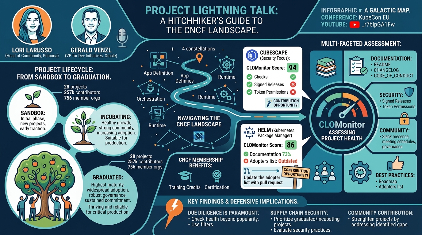 Visual summary for Project Lightning Talk: A Hitchhiker's Guide to the CNCF Landscape - Lori Larusso & Gerald Venzl by Lori Larusso, Gerald Venzl