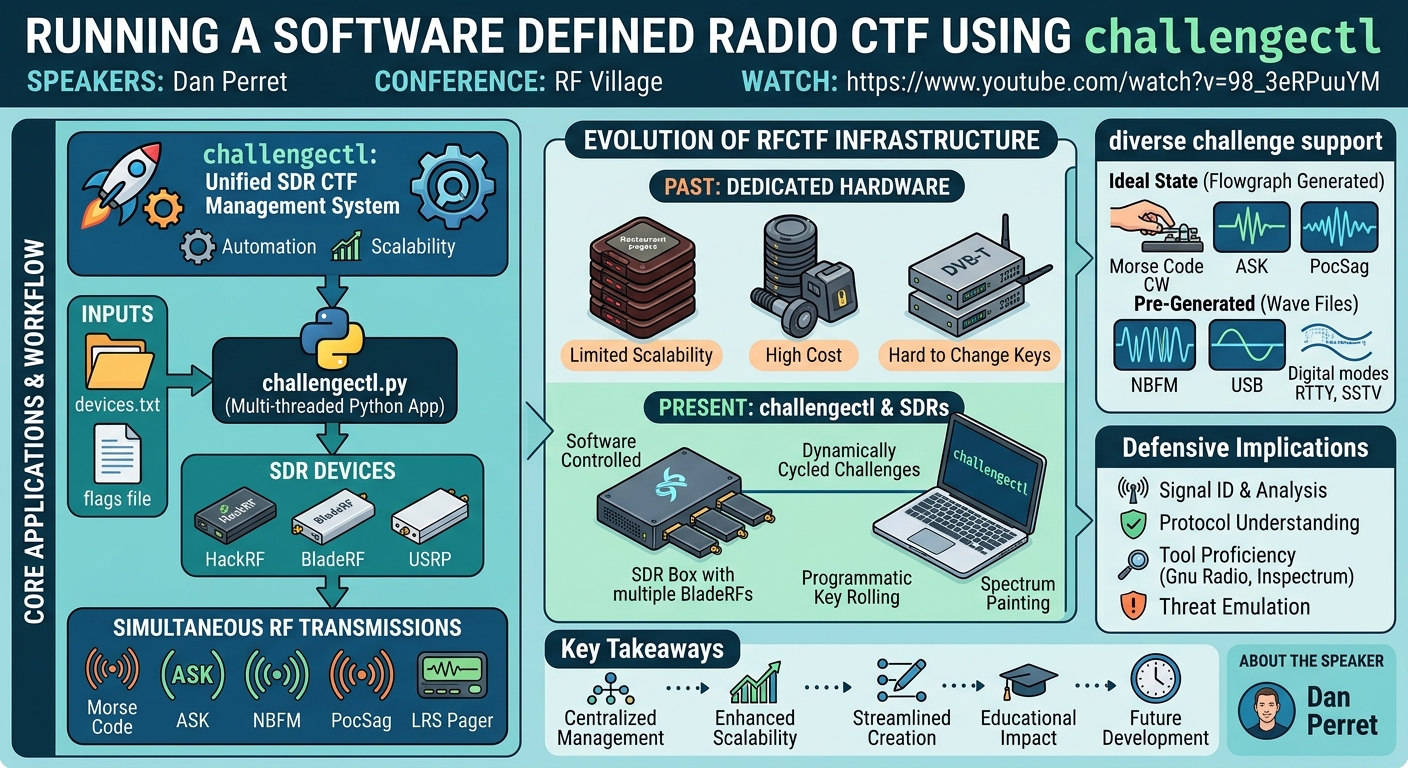 Visual summary for Running a Software Defined Radio CTF using challengectl by Dan Perret