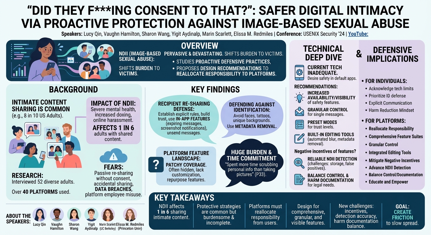 Visual summary for "Did They F***ing Consent to That?": Safer Digital Intimacy via Proactive Protection Against Image-Based Sexual Abuse by Lucy Qin, Vaughn Hamilton, Sharon Wang, Yigit Aydinalp, Marin Scarlett, Elissa M. Redmiles