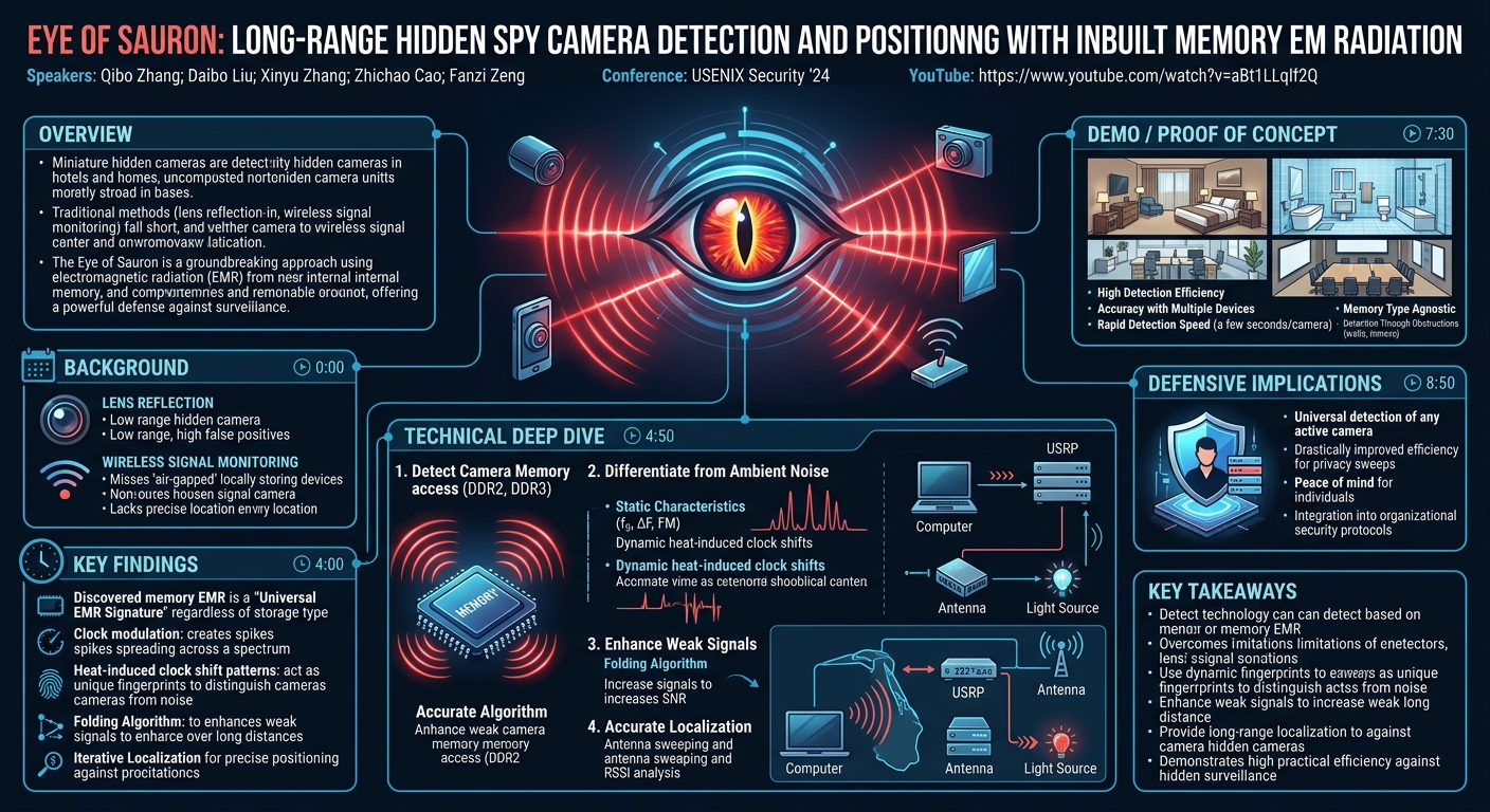 Visual summary for Eye of Sauron: Long-Range Hidden Spy Camera Detection and Positioning with Inbuilt Memory EM Radiation by Qibo Zhang, Daibo Liu, Xinyu Zhang, Zhichao Cao, Fanzi Zeng