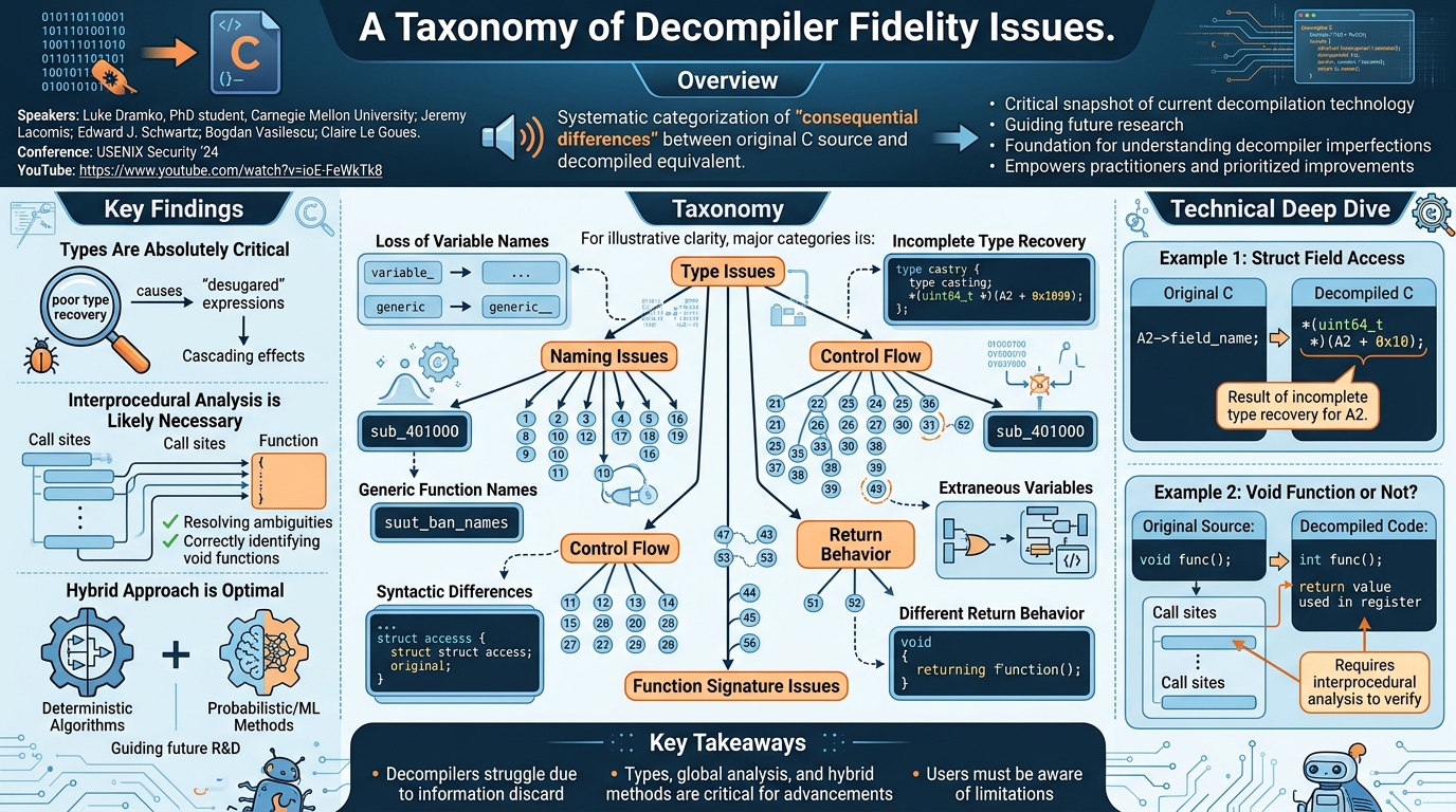 Visual summary for A Taxonomy of C Decompiler Fidelity Issues by Luke Dramko, Jeremy Lacomis, Edward J. Schwartz, Bogdan Vasilescu, Claire Le Goues