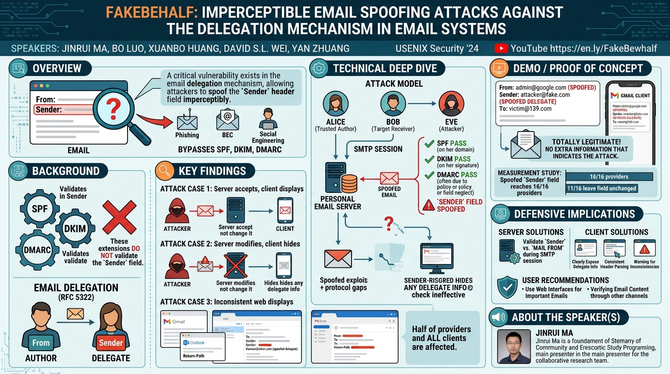 Visual summary for FakeBehalf: Imperceptible Email Spoofing Attacks against the Delegation Mechanism in Email Systems by Jinrui Ma, Bo Luo, Xuanbo Huang, David S.L. Wei, Yan Zhuang