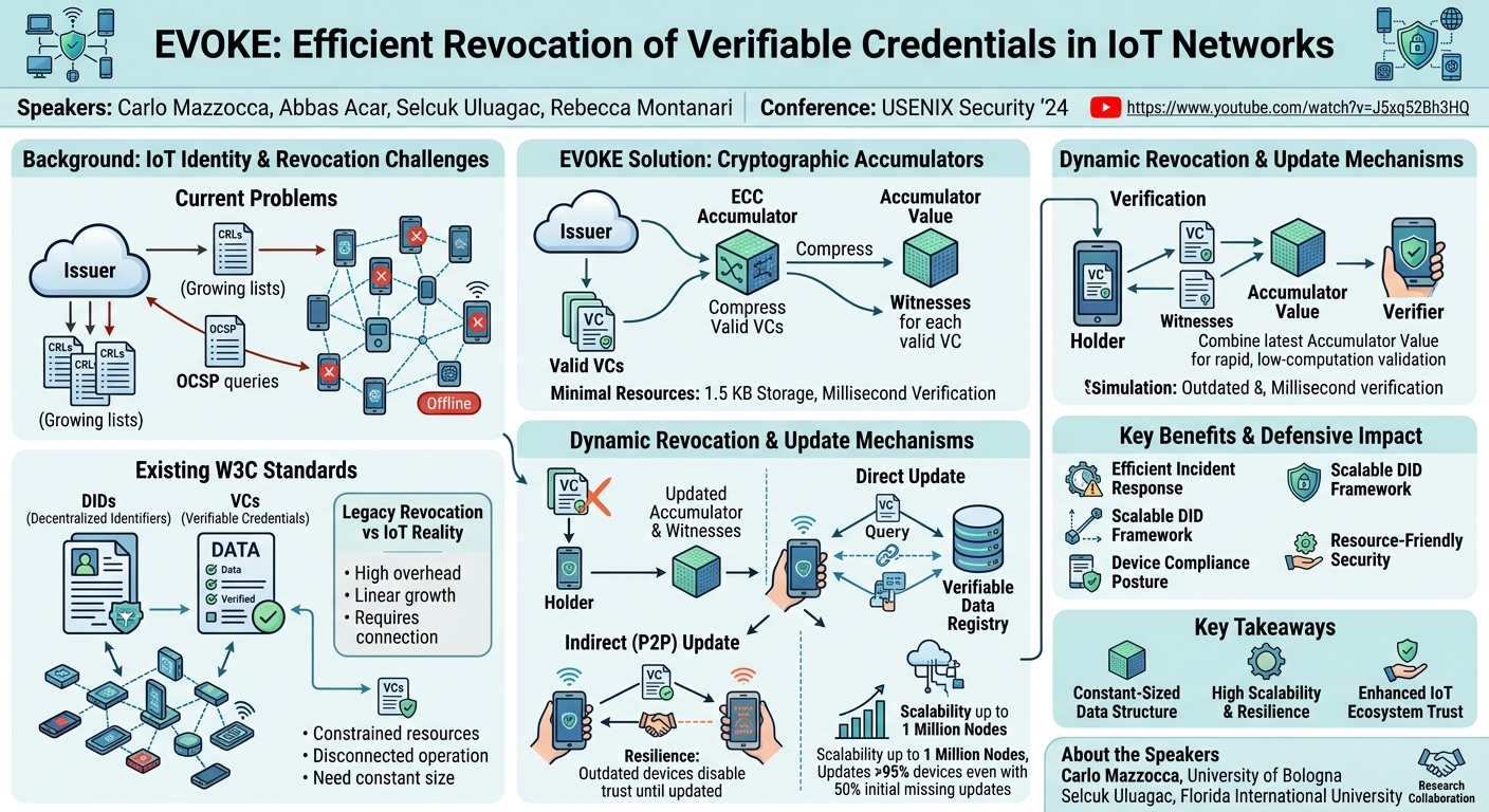 Visual summary for EVOKE: Efficient Revocation of Verifiable Credentials in IoT Networks by Carlo Mazzocca, Abbas Acar, Selcuk Uluagac, Rebecca Montanari