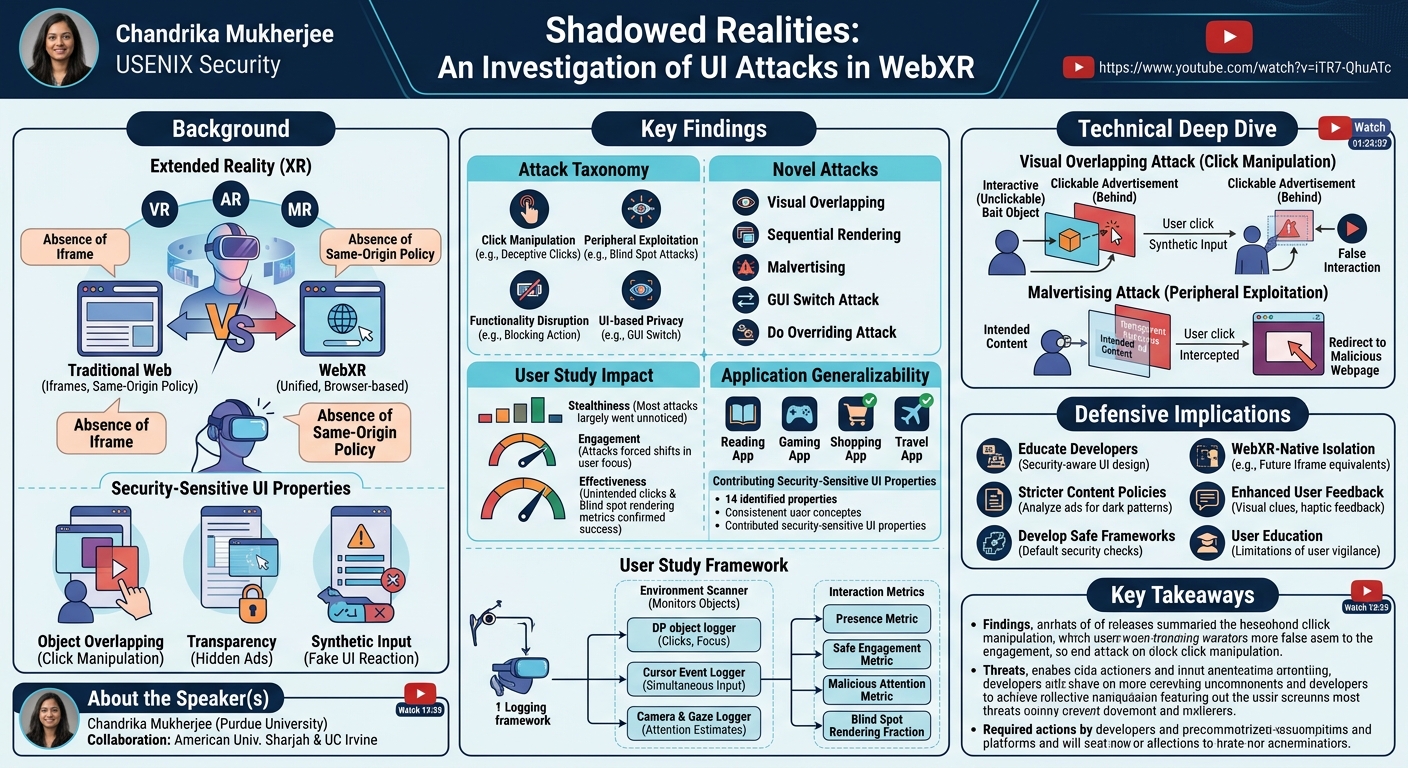 Visual summary for Shadowed Realities: An Investigation of UI Attacks in WebXR by Chandrika Mukherjee