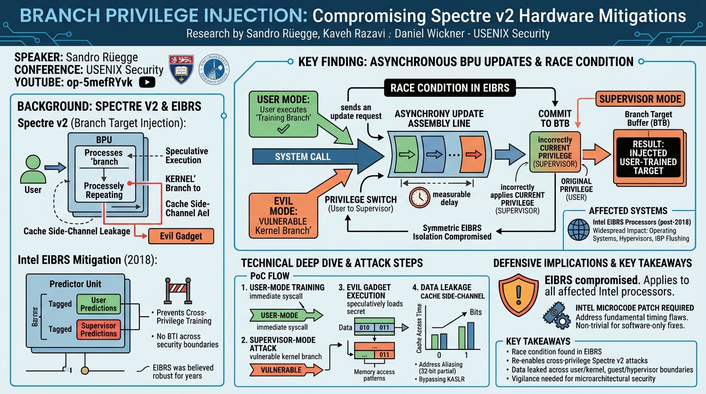 Visual summary for Branch Privilege Injection: Compromising Spectre v2 Hardware Mitigations by Exploiting Branch Predictor Race Conditions by Sandro Rüegge
