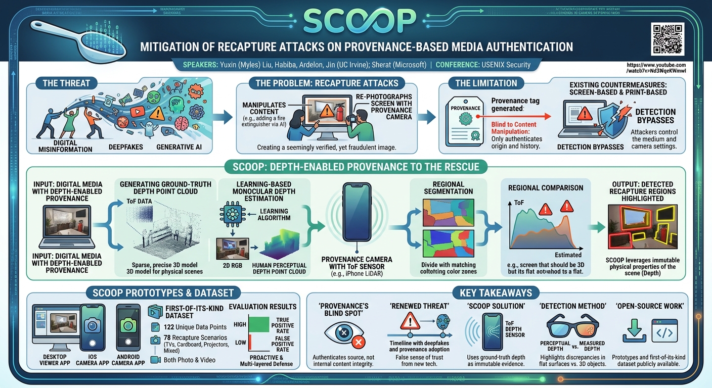 Visual summary for Scoop: Mitigation of Recapture Attacks on Provenance-Based Media Authentication by Yuxin (Myles) Liu