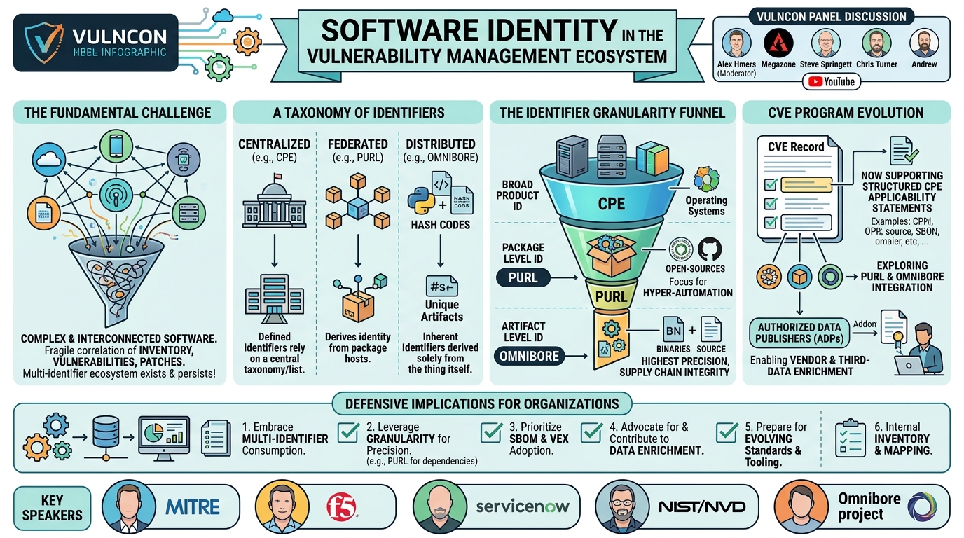 Visual summary for Software Identity in the Vulnerability Management Ecosystem by Alex Hmers