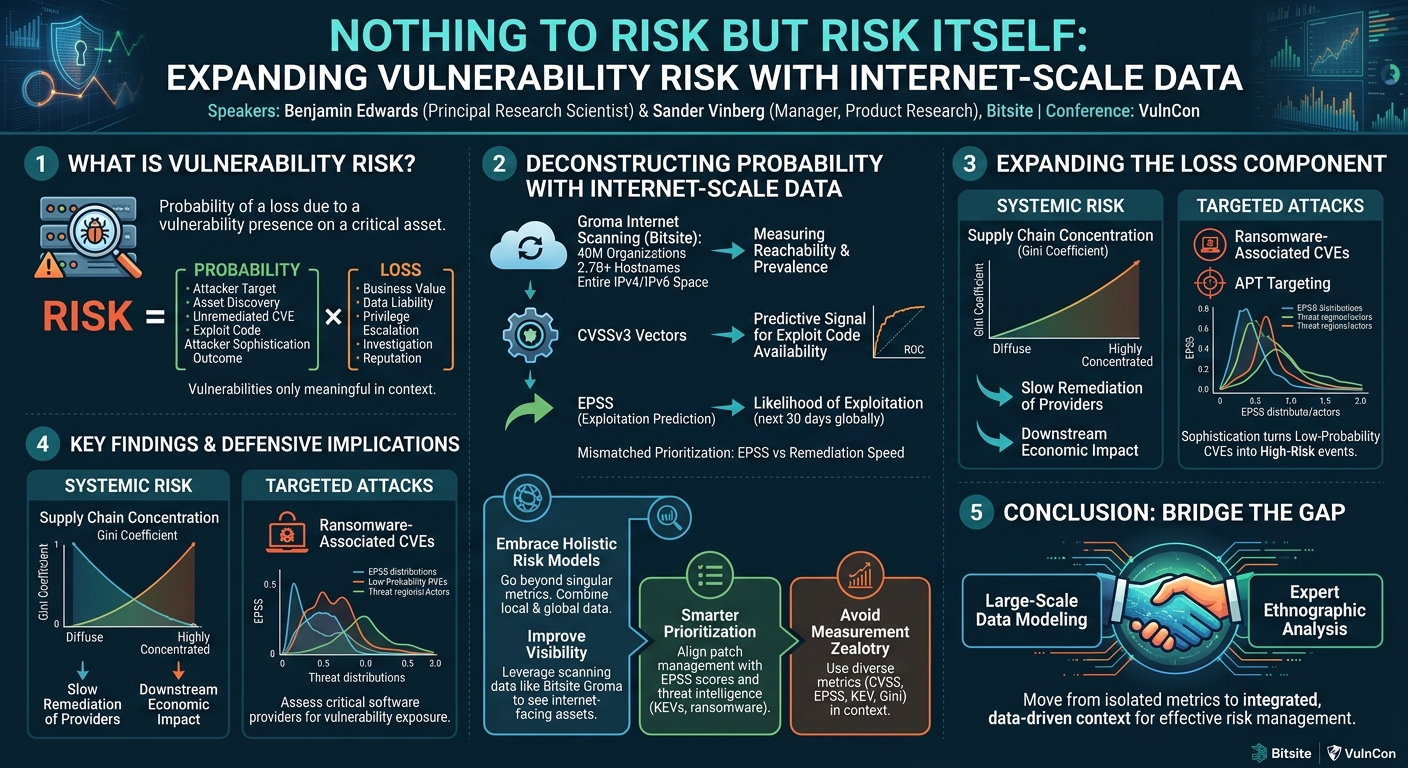 Visual summary for Nothing to Risk but Risk Itself: Expanding Vulnerability Risk with Internet-Scale Data by Benjamin Edwards, Sandra Vinberg