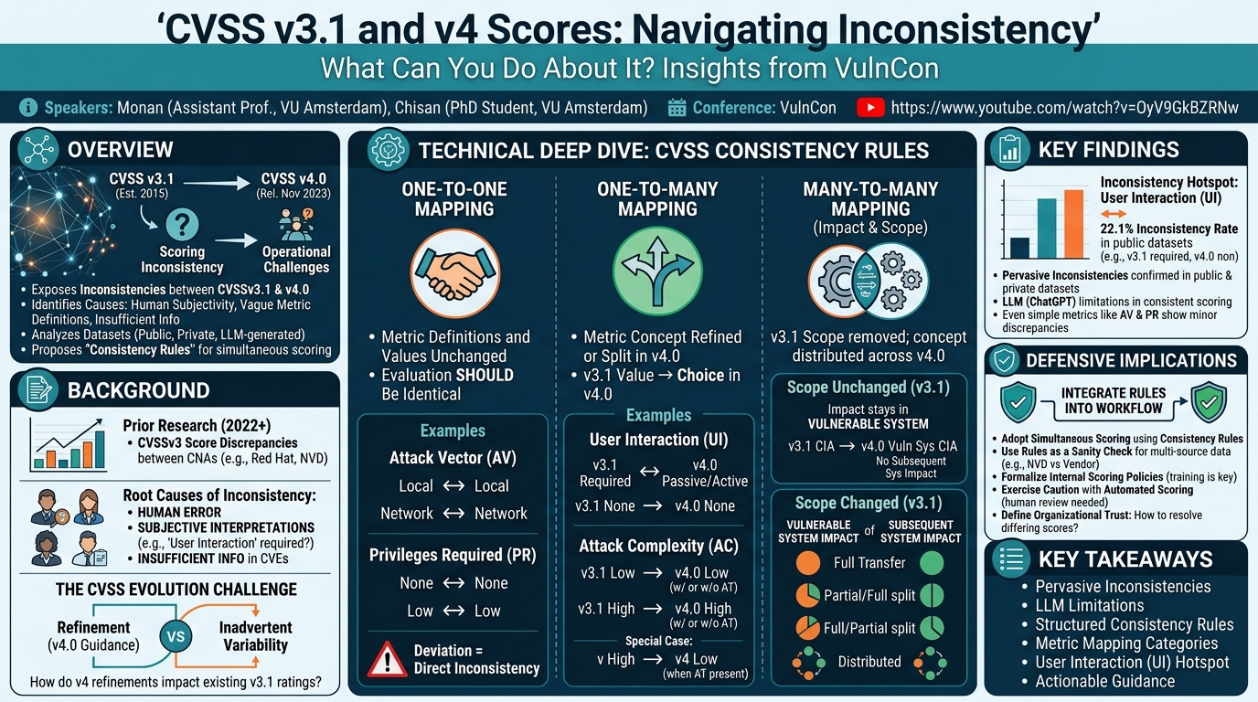 Visual summary for Ask Not Whether CVSSv3.1 and v4 Scores are Inconsistent, But What Can You Do About It by Monen, Chisan